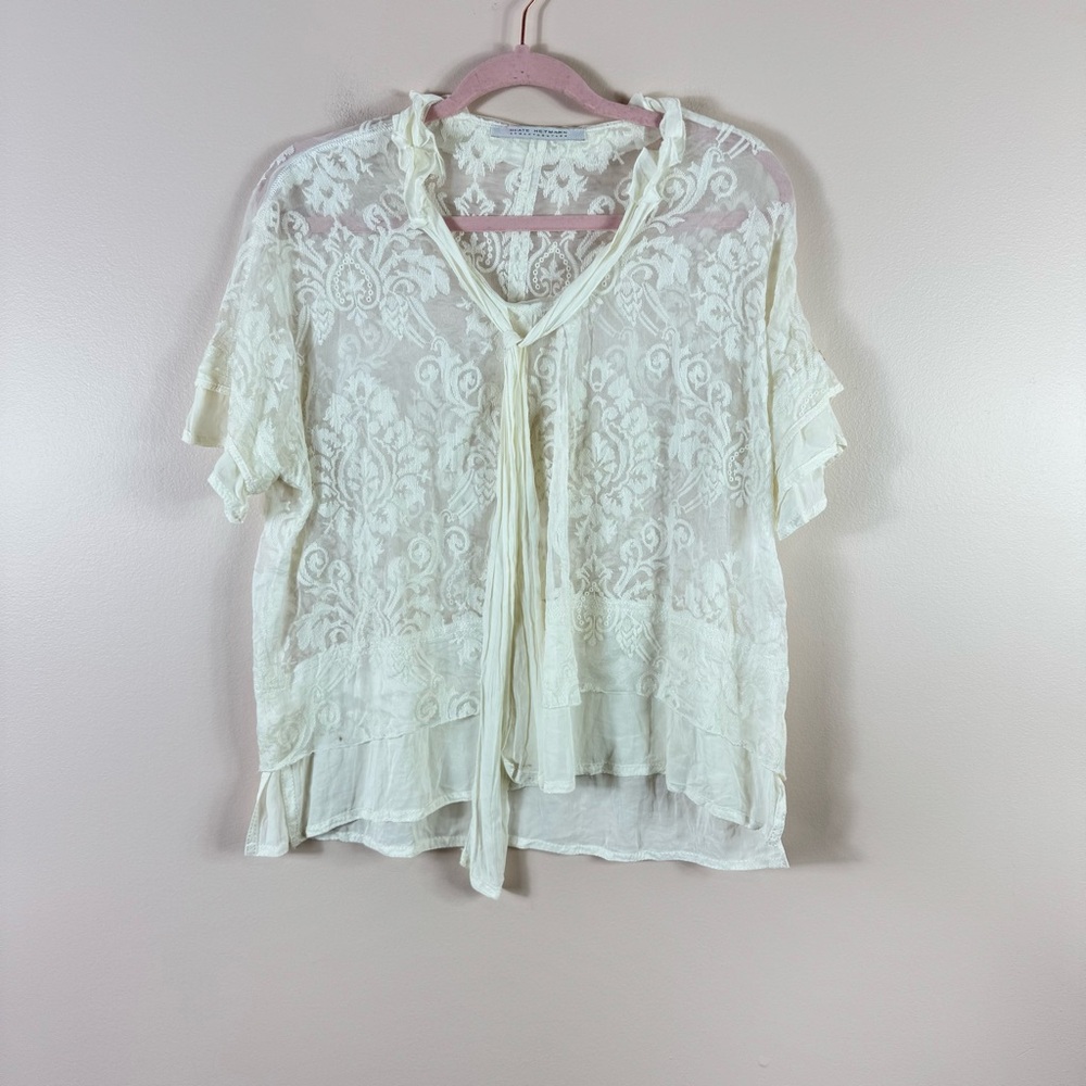 BEATE HEYMANN womens size S white silk tie neck short sleeve semi sheer blouse